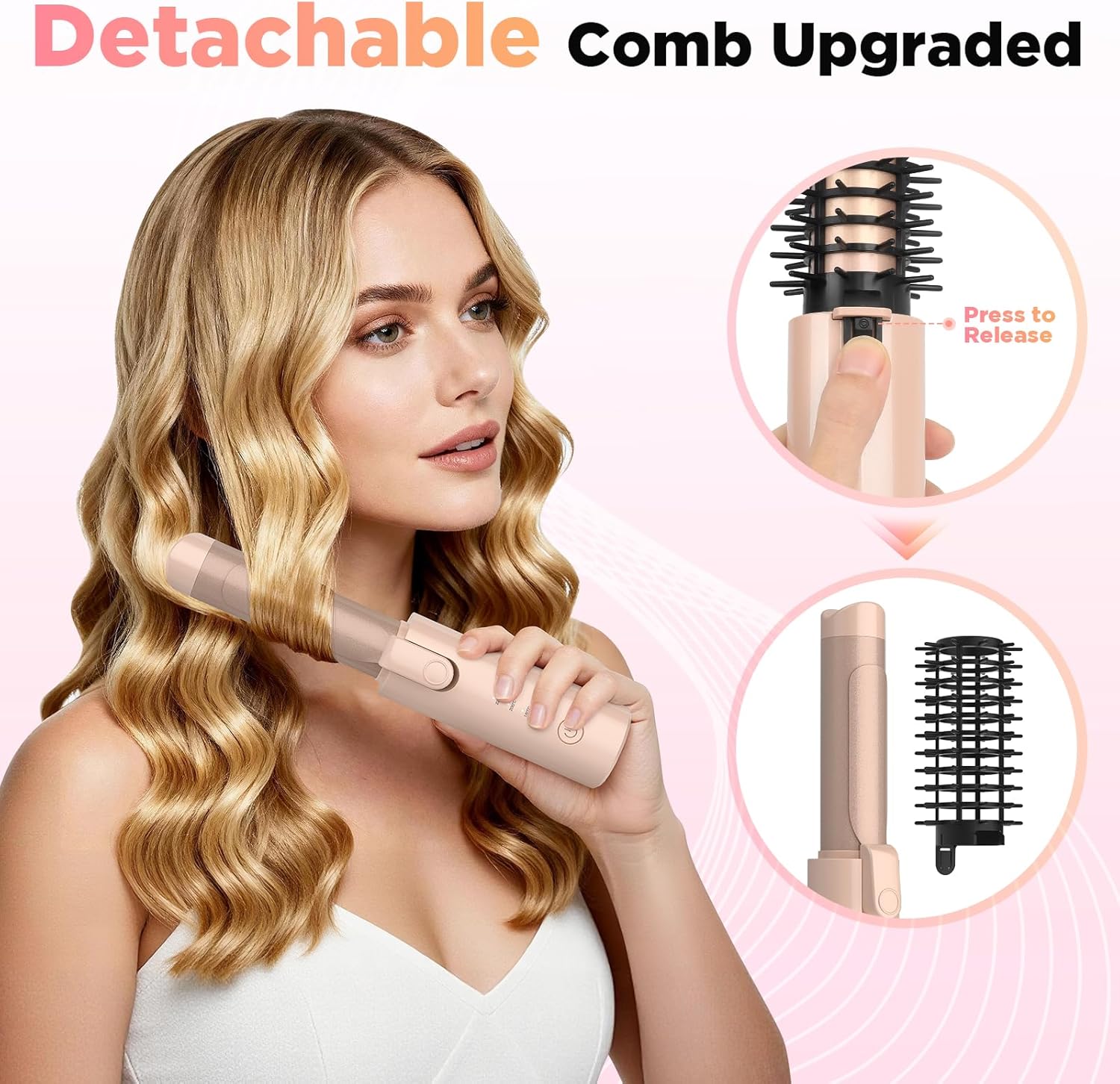 Cordless Curling Iron Rechargeable, 3-in-1 Portable Wireless Hair Curler Straightener Brush, 7000mAh with 4 Temps, Anti-Scald & Anti-Frizz Mini Curling Wand for Travel Styling (Pink)