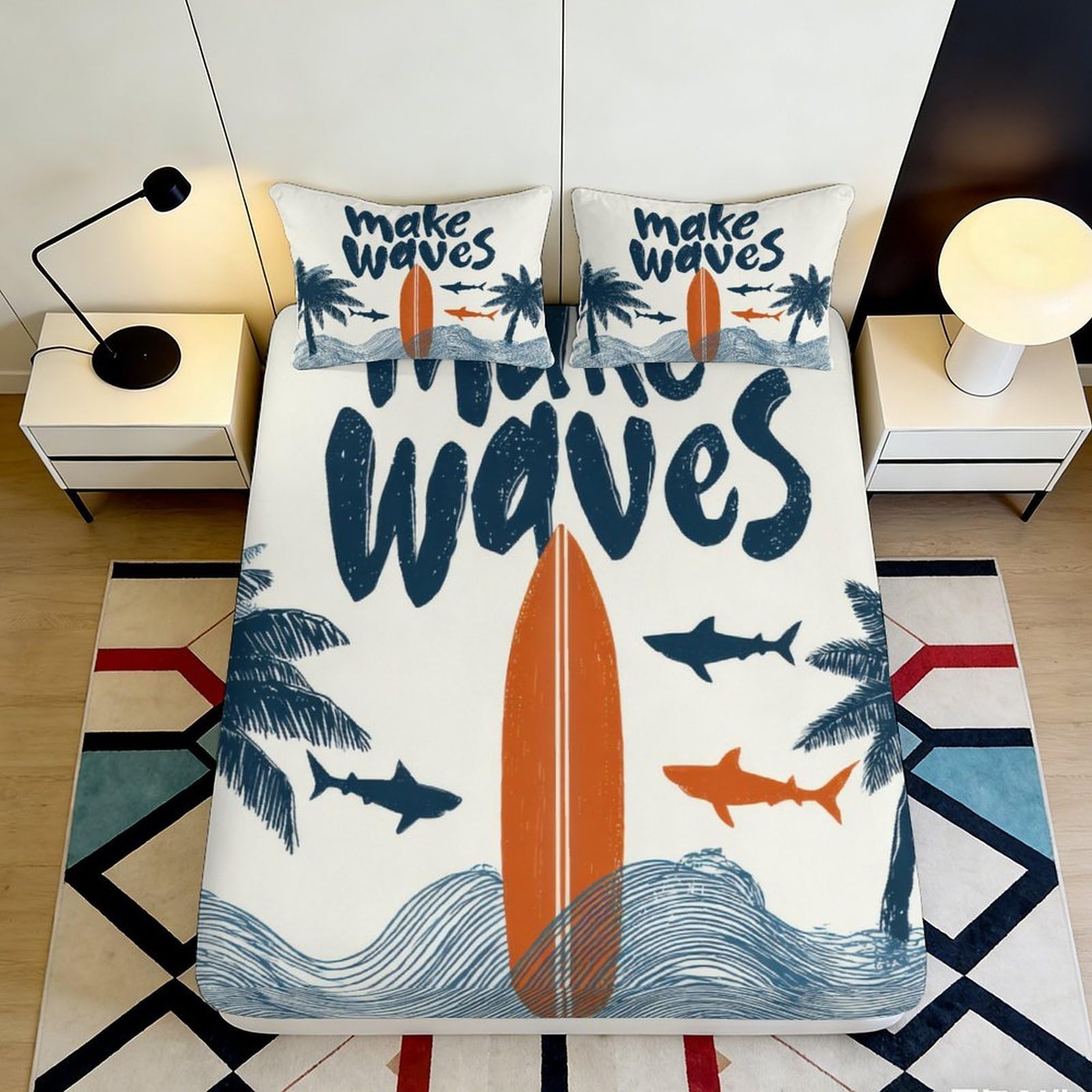 3D Printed Surfboard Shark Fitted Sheet Microfiber Tropical Beach Mattress Cover Anti-Slip Washable Bedroom Decor 90x200x25cm
