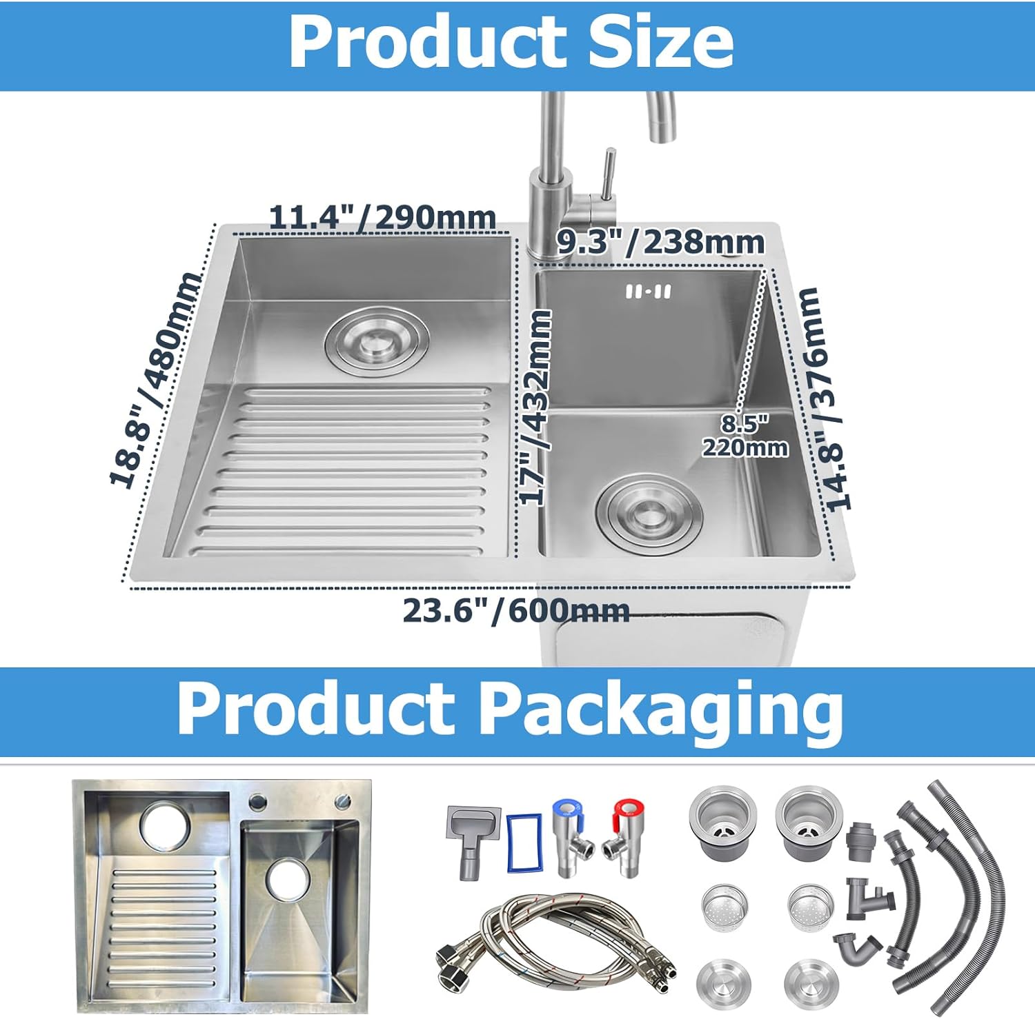 600mm/23.6Inch Stainless Steel Laundry Utility deep Sink, with washboard for room, Bathroom, Balcony, Kitchen and Basement - Easy-to-Clean Double-Bowl Design