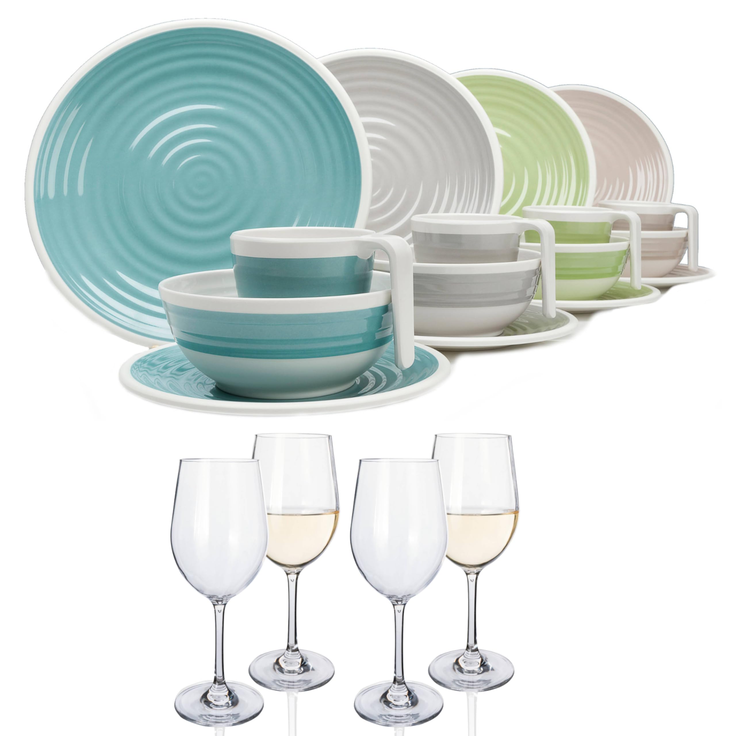 Vajilla de melamina para camping, 4 personas, armonía, 16 piezas + 4 copas de vino blanco, vajilla de pícnic, barbacoa