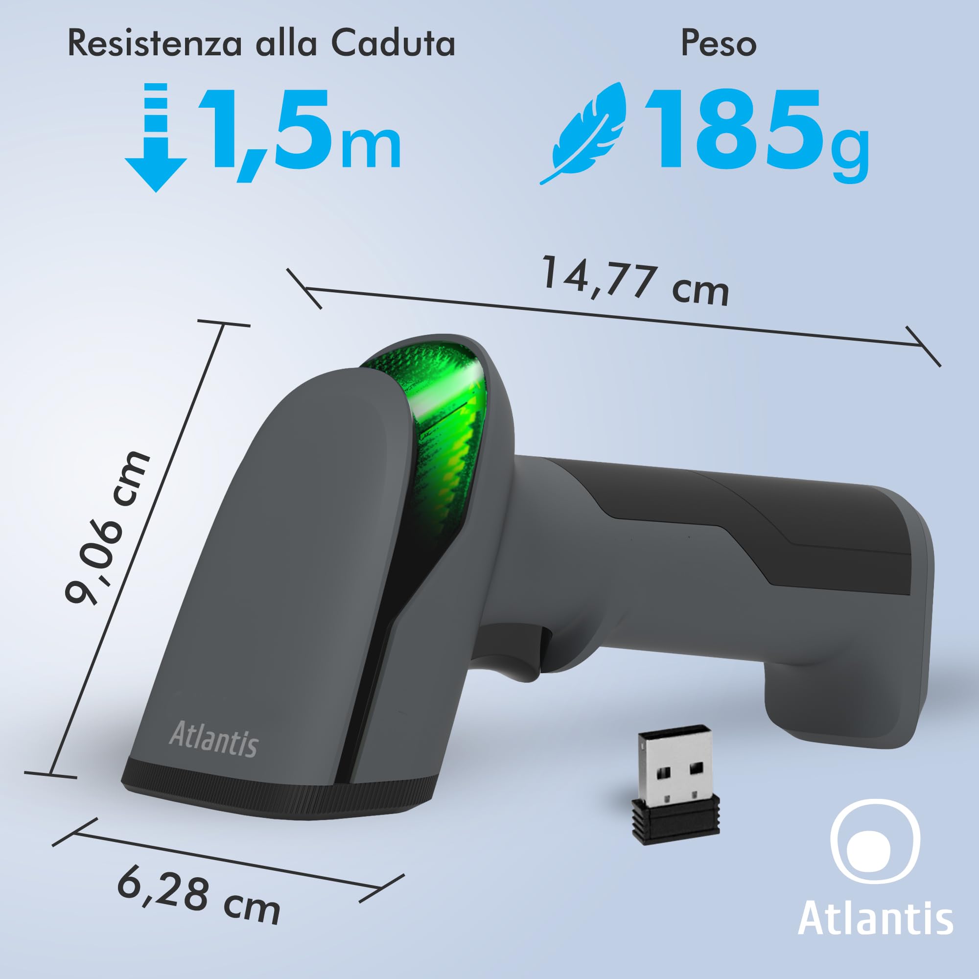 Atlantis A08-LD230P-2D-W Lettore Codici a Barre Barcode reader scanner Wireless 1D e 2D Ottico Prof (640x480), 60 fps, legge da smartphone e display, codice farmaceutico, collegamento USB,guida rapida