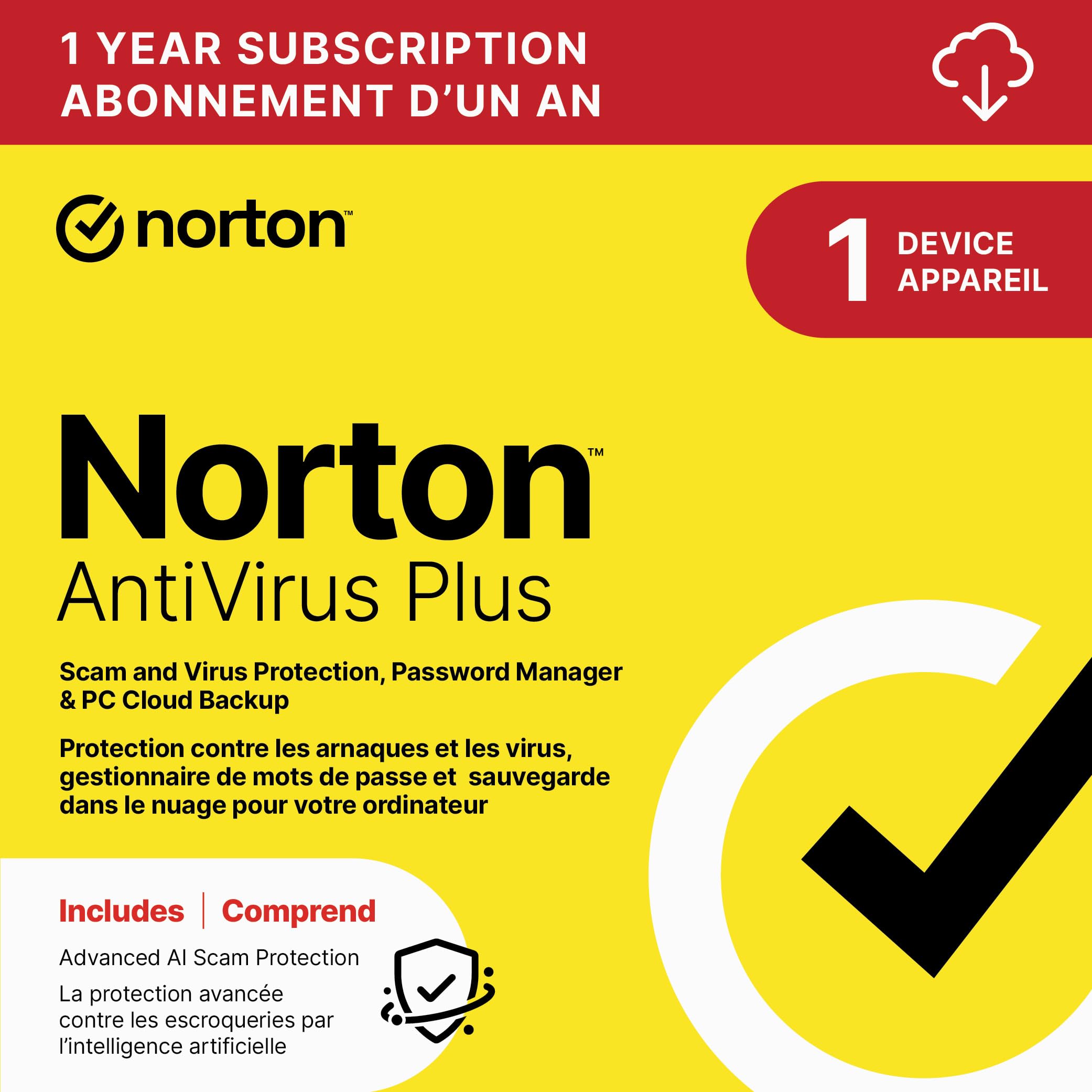 Norton AntiVirus Plus 2026  Antivirus software for 1 Device – Includes Advanced AI Scam Protection  Password Manager and PC Cloud Backup [Download]