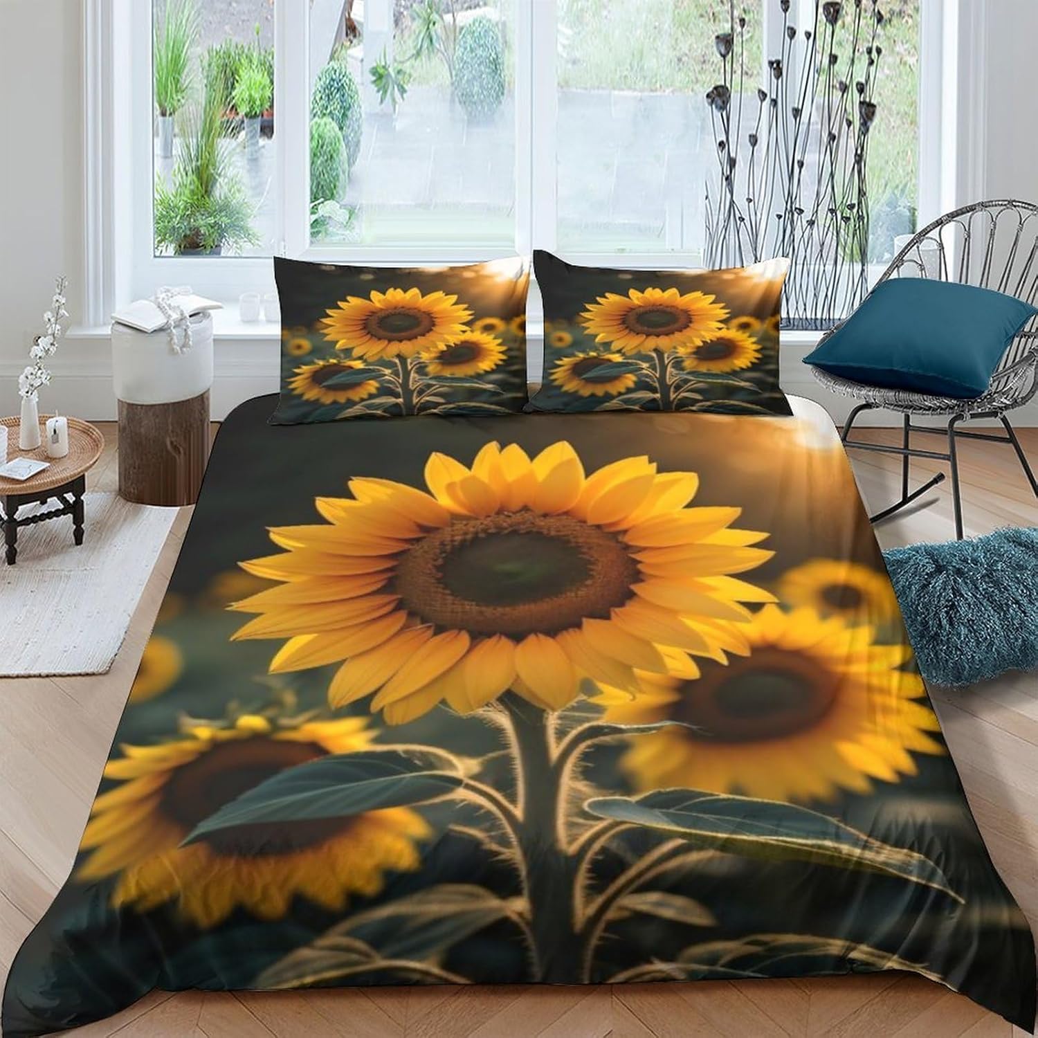 Parure housse de couette 3D tournesol : literie douce anti-plis