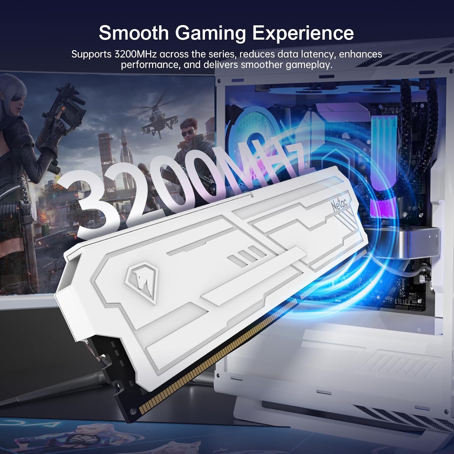 Netac DDR4 DRAM 32GB Kit16GBx2 C16 3200MHz XMP 2.0 Dual Channel RAM (PC4-25600) 1.35V 288-Pin Upgraded Aluminum Heat Sink Ideal for Gaming Computer Upgrade - Shadow III White