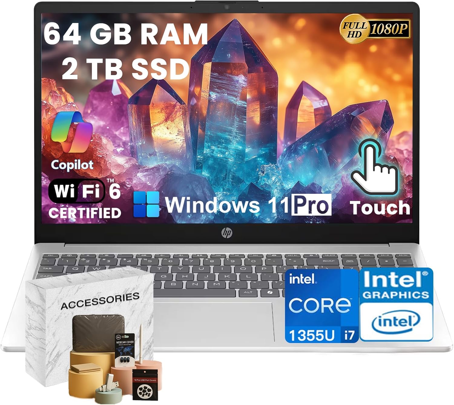 HP 15.6" Touchscreen Laptop Computer - Intel 10-Core i7 1355U(up to 5.0GHz), 64GB RAM, 2TB SSD, 15.6" FHD Anti-Glare Display, Win 11 Pro, Wi-Fi 6, Ai Copilot, for Business & Student, w/Accessories