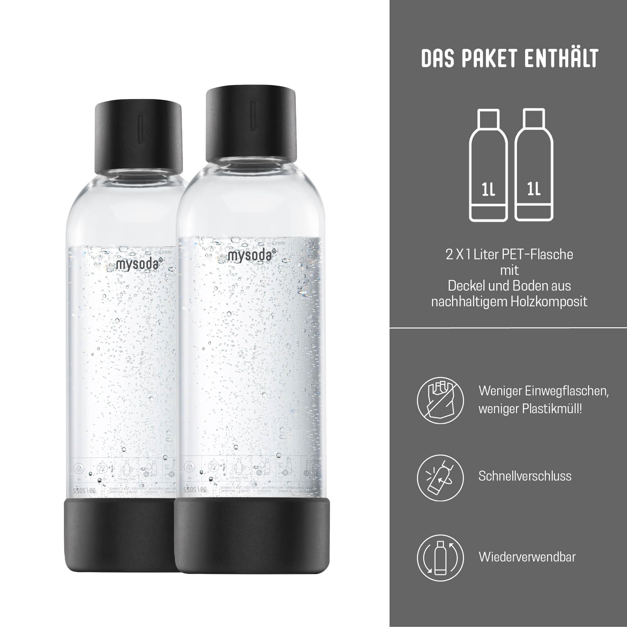 Mysoda Woody - Gasatore d’acqua per l’acqua frizzante in materiale composito di legno con bottiglia in PET e bombola CO2 inclusa - Nero