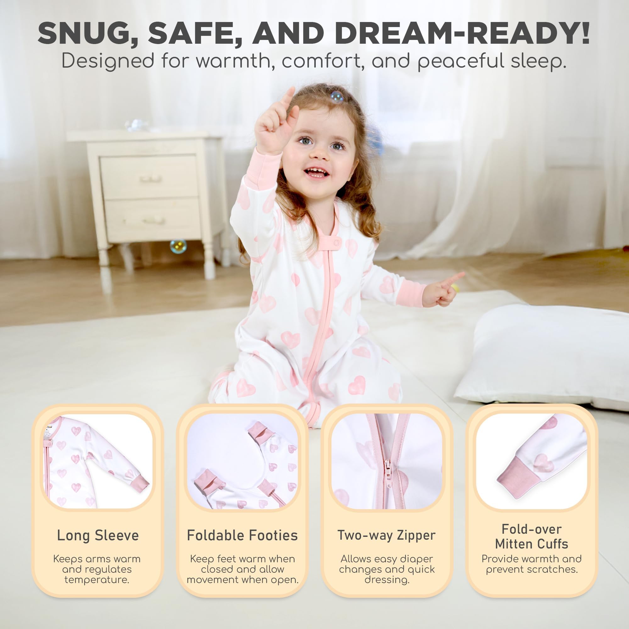 Mama Cheetah Sacco nanna per bambini con piedi, maniche lunghe, 1,0 Tog, 100% cotone biologico, sacco nanna con gambe, coperta indossabile per escursionisti, con cerniera a 2 vie, coperta per bambini