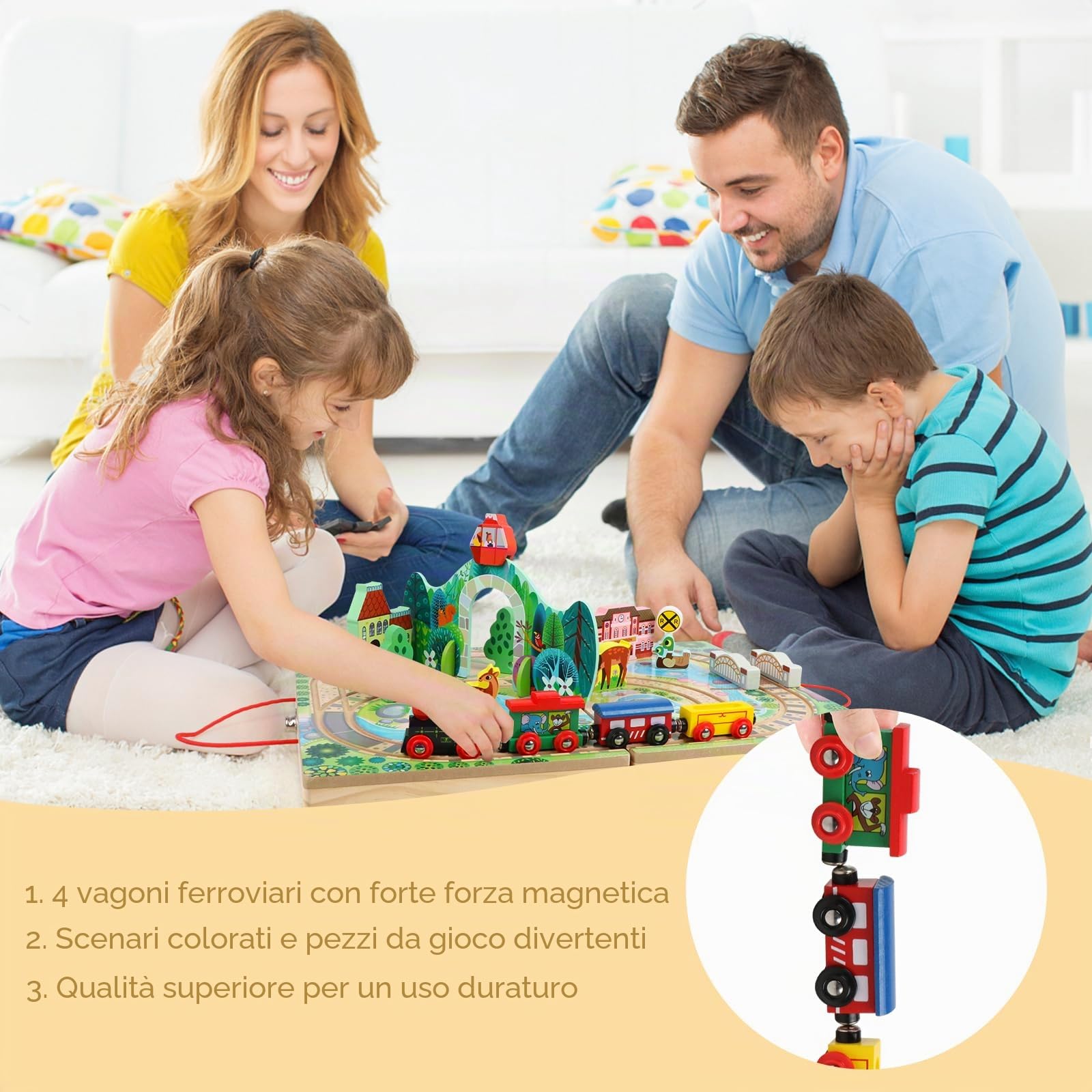 Jacootoys in legno 18 PZ Train Track Set per i bambini, ferrovia, 4 treni, pezzi di gioco, ponte per le età 3 + ragazze Ragazzi Regali