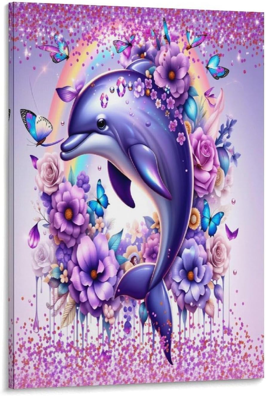 WAVMKSL Purple Dolphin Butterfly Floral Wall Art Painting Canvas Wall Poster Ready To Hang Decor for Bedroom Living Room 12X18 Inch