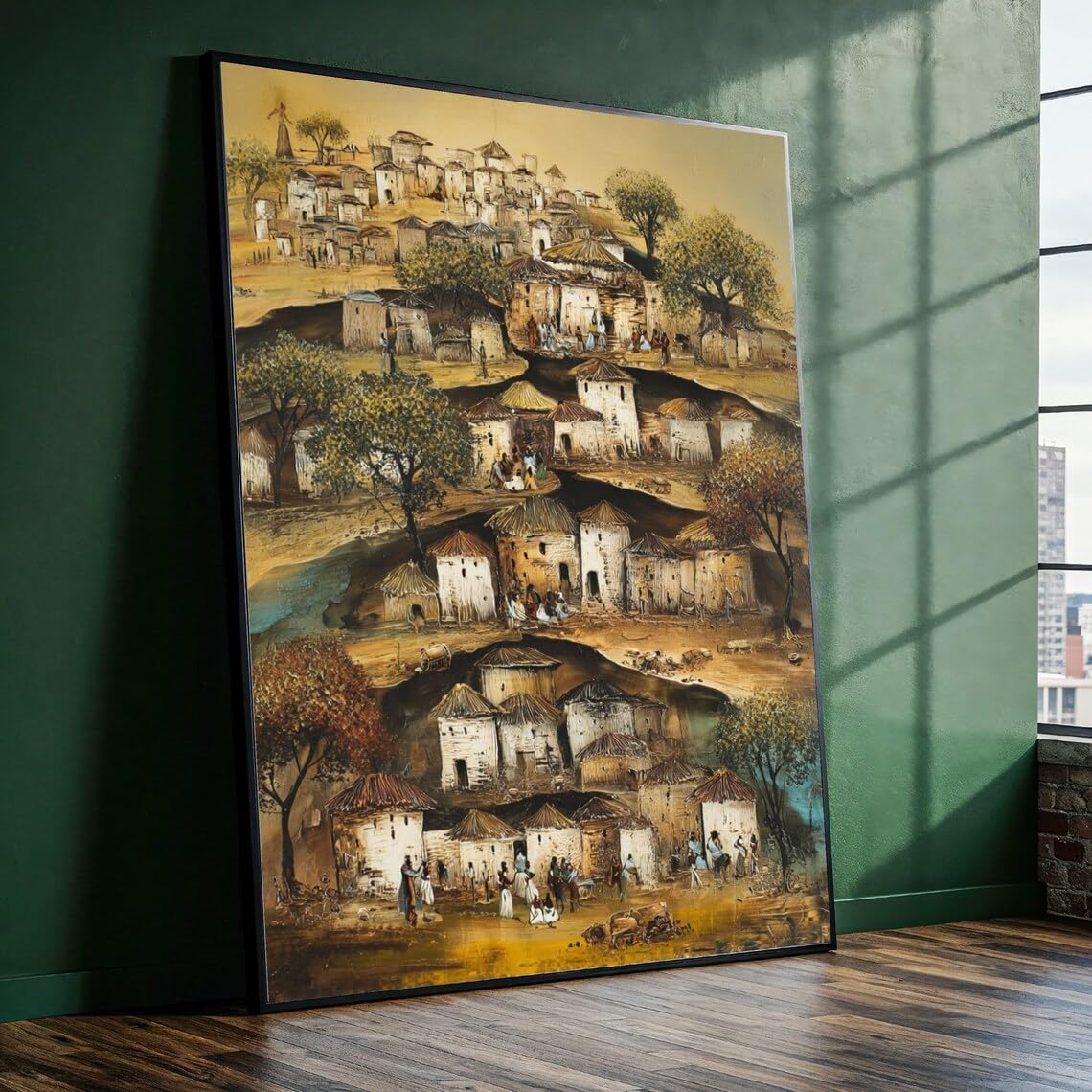 XINBAO Obraz na płótnie ze sceną wiejską, chata na płótnie, tradycyjny krajobraz społeczności, obraz kulturowy wioski, dekoracja domu (50 x 75 cm/wewnętrzna rama)