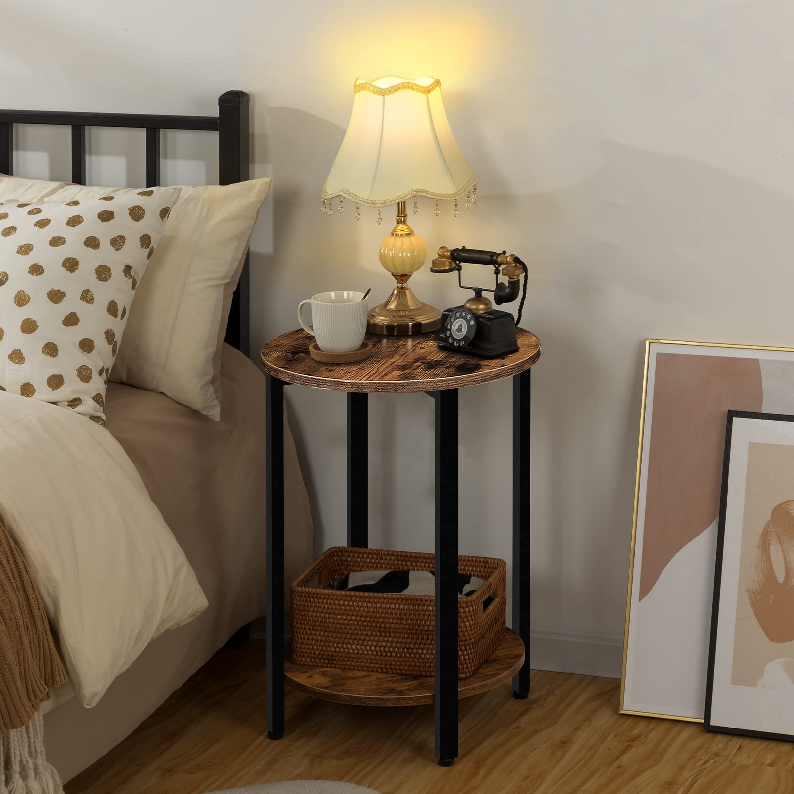 HOOBRO Round Side Table, Sofa Couch Table with Storage Shelf, 2-Layer Industrial End Table, Stable Metal Frame, Wood Look Accent Table for Small Spaces, Living Room, Bedroom, Rustic Brown BF58BZ01