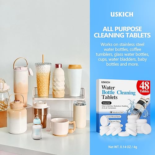 Miniatura 3 de USKICH Paquete de 48 tabletas de limpieza de botellas de agua, limpiador de botellas de agua, ideal para acero inoxidable, termos, vasos, botellas