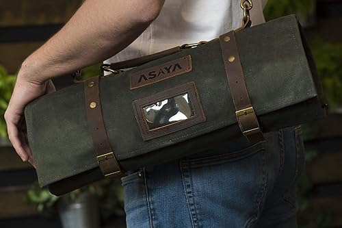 Miniatura 4 de Asaya Rollo de lona encerada para cuchillos  15 ranuras para cuchillos, tarjetero y bolsillo grande con cremallera  Hebillas de cuero auténtico,