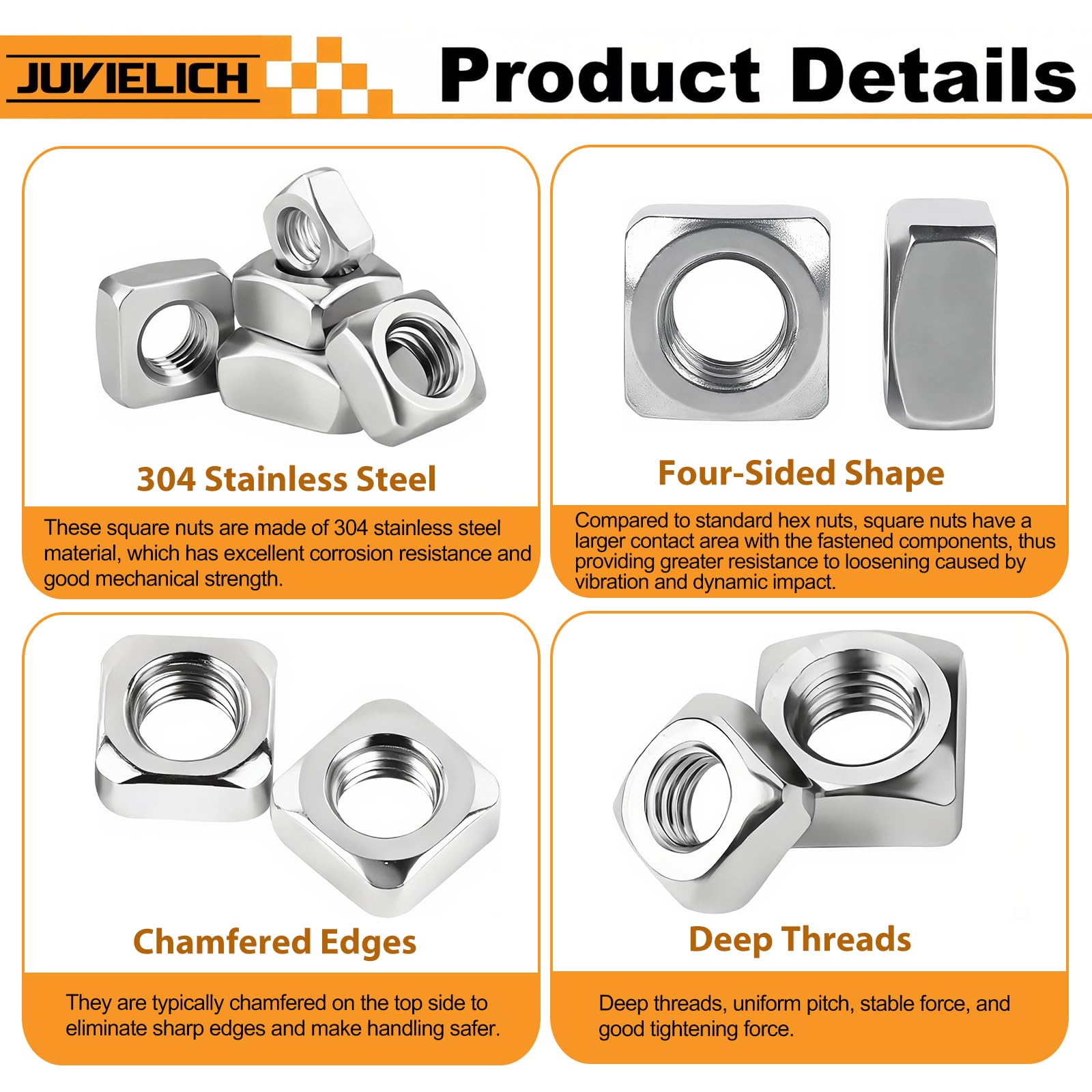 Stainless Steel Square Nuts - 50 Pack M6 -3