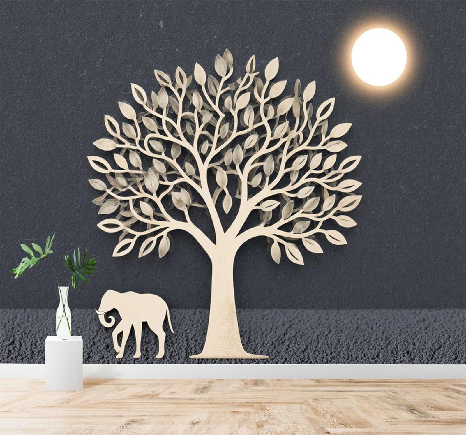 XLMING Trees Elephants Moon Minimalist Art 3D Wallpaper Silky Texture Home Study Office Grey Dining Room Sofa Bedroom Living Room TV Backdrop-430cm×300cm