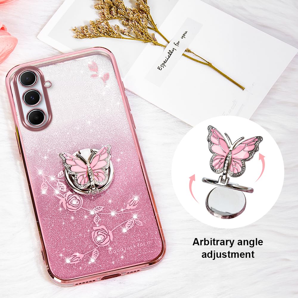 Funda protectora para Samsung Galaxy A14 5G/4G, funda protectora de TPU con soporte y correa para Samsung A14 5G/4G para mujeres y niñas, funda protectora de TPU con purpurina y mariposa floral