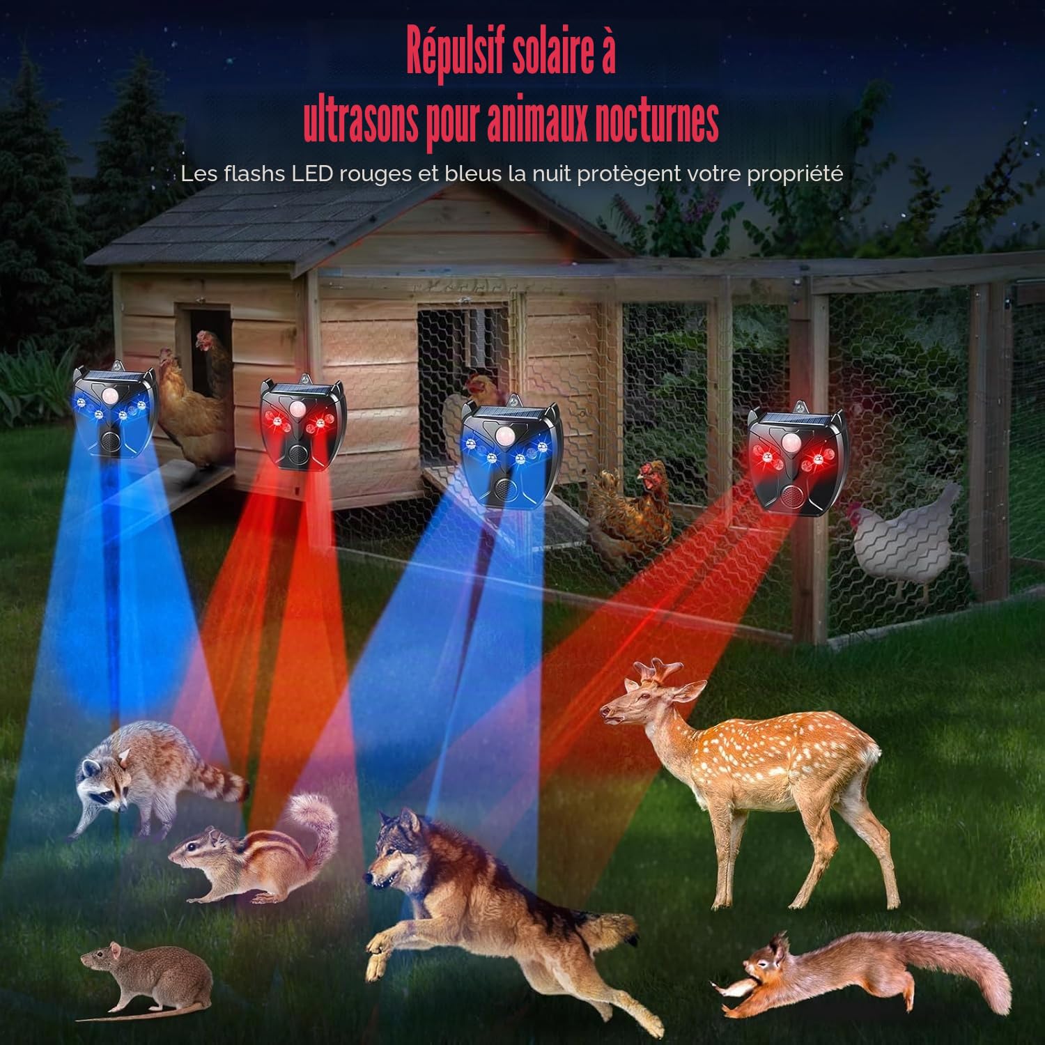 4X Répulsif Solaire pour Animaux Nocturnes, Dissuasif de Coyotes pour Jardin, Répulsif Lumineux Contre Moufettes et Renards, Protection Contre Prédateurs pour Poulailler