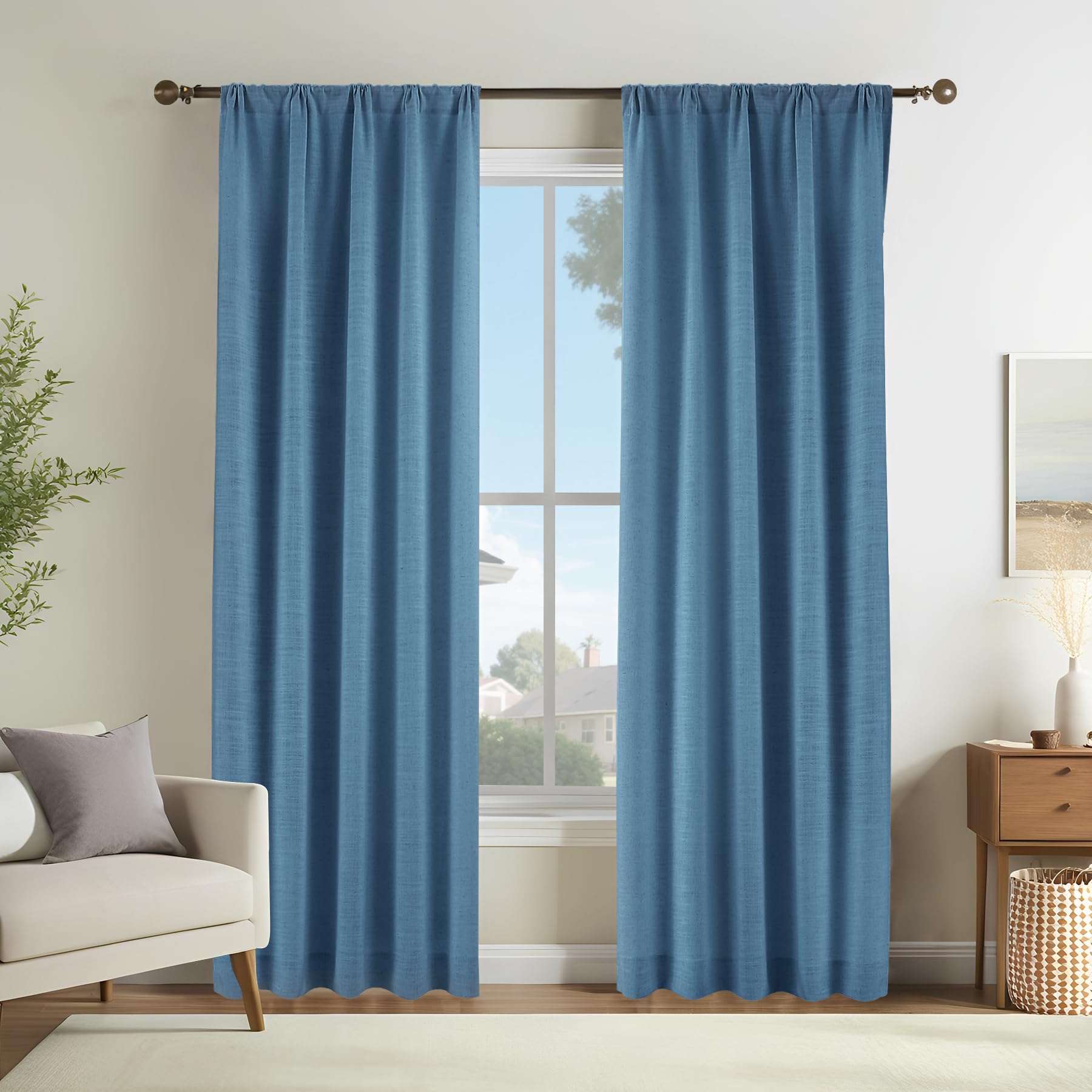 Rideaux en lin naturel bleu égée sur mesure filtrant pour salon