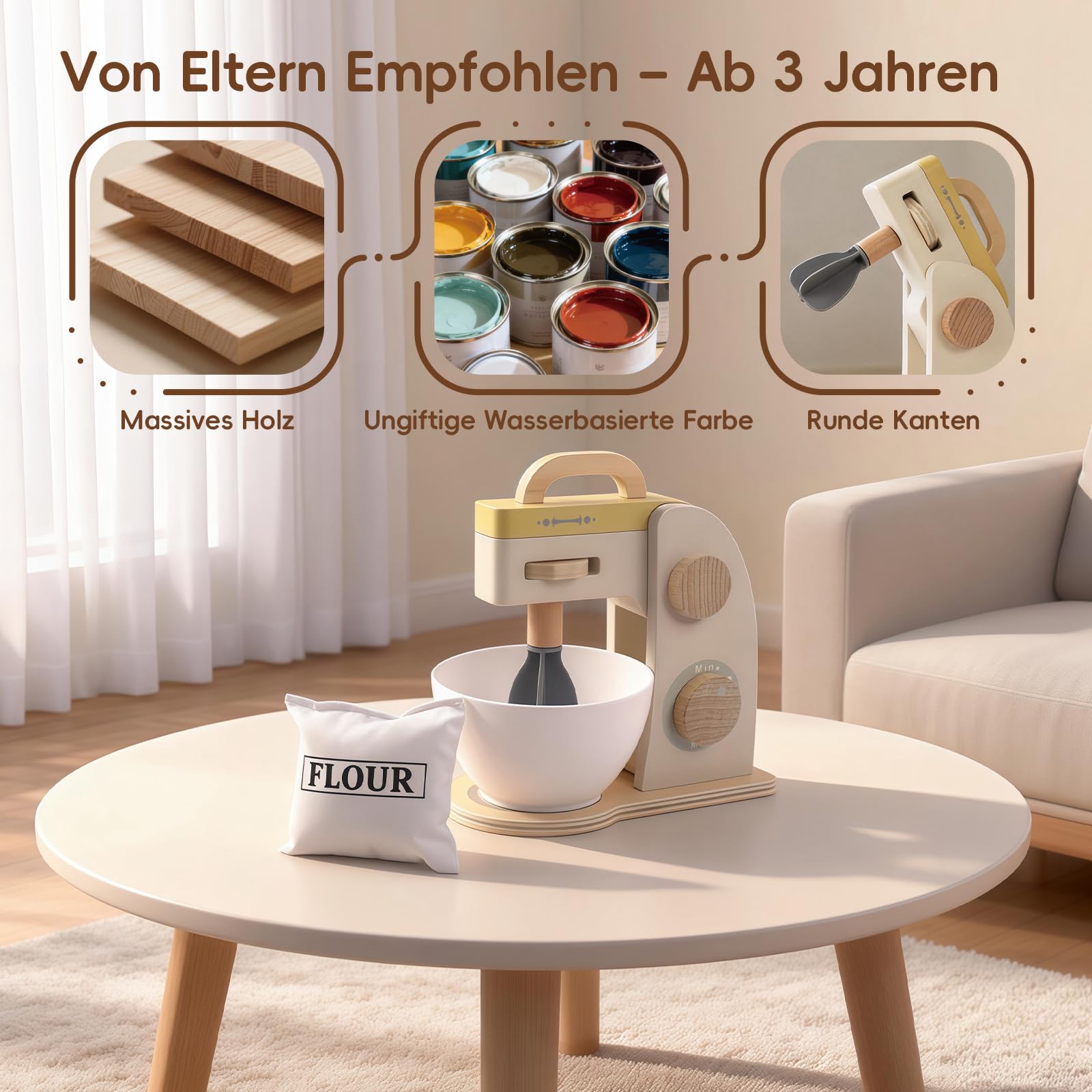 Holz Küchenmixer Spielzeug für Kinder, Kinderküche Zubehör Holz Rollenspiel Set, Spielküche Backmaschine mit Hebearm, Spielzeug für Mädchen & Jungen
