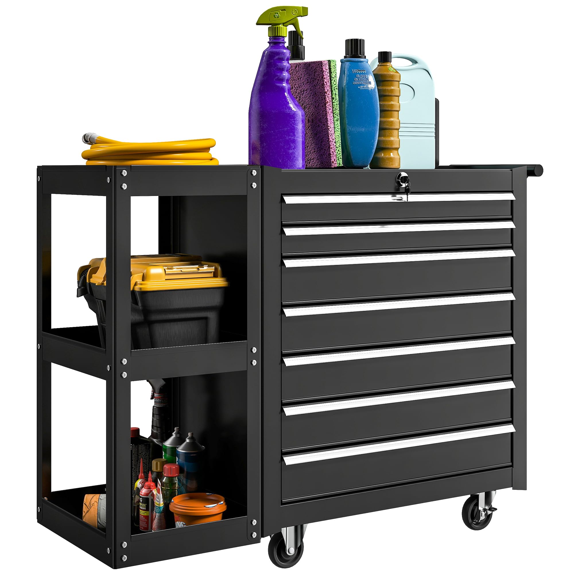 HOMCOM 7 Drawer Tool Box Lockable Steel Tool Chest on Wheels Workshop Black