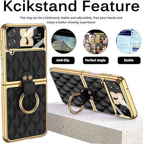 Miniatura 4 de Miimall Funda de cuero para Samsung Galaxy Z Flip 4 con soporte de anillo, cubierta trasera de cuero romboide de lujo, marco de galvanoplastia con