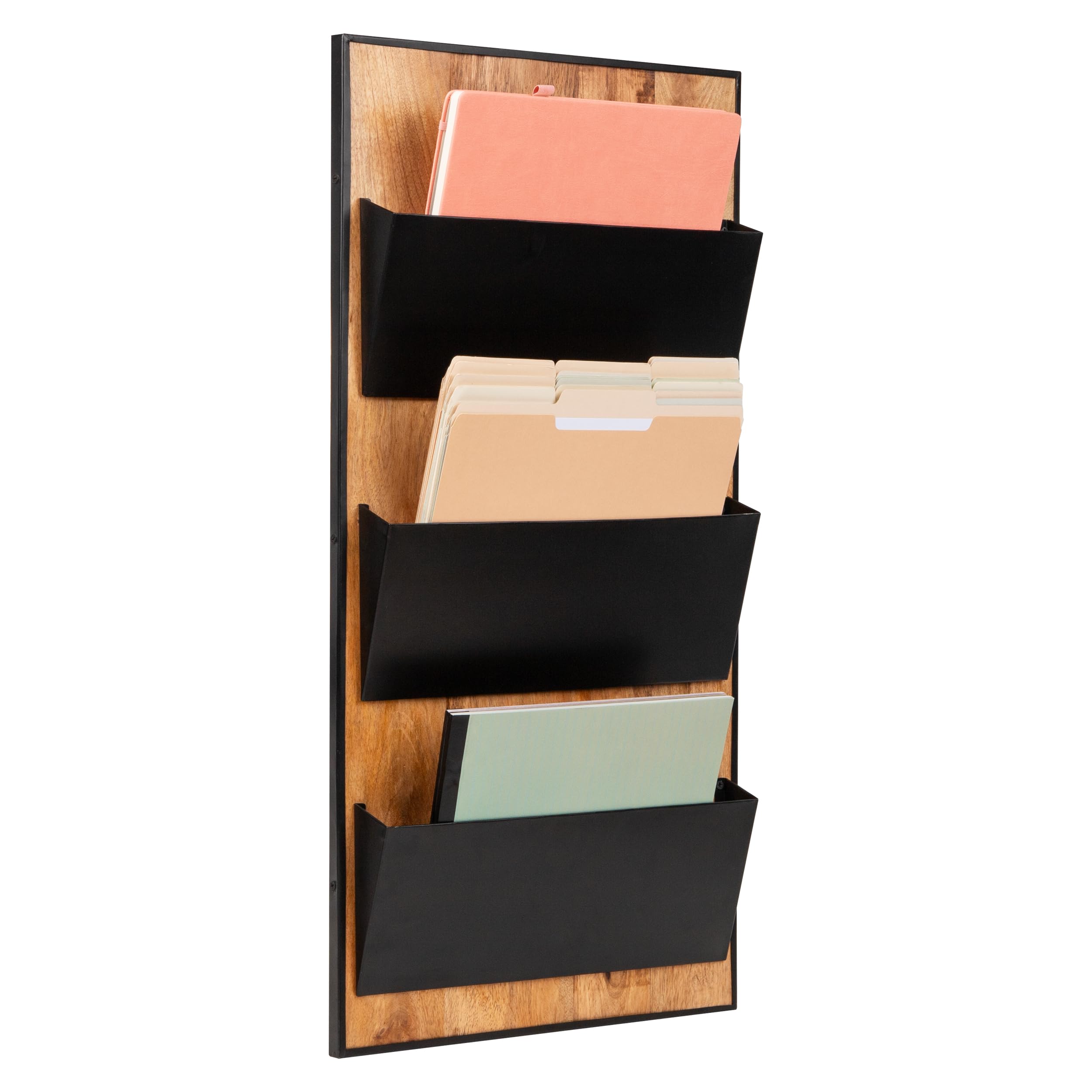 Mind Reader 3-Tier Wall-Mounted File Organizer, Wood and Metal Vertical Rack for Mail, Magazines, and Documents, Black-picture-11