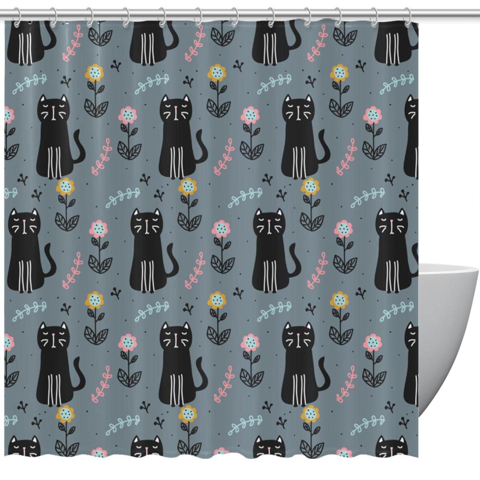 Rideau de douche chat et fleurs motif poétique noir pour sublimer votre routine matinale