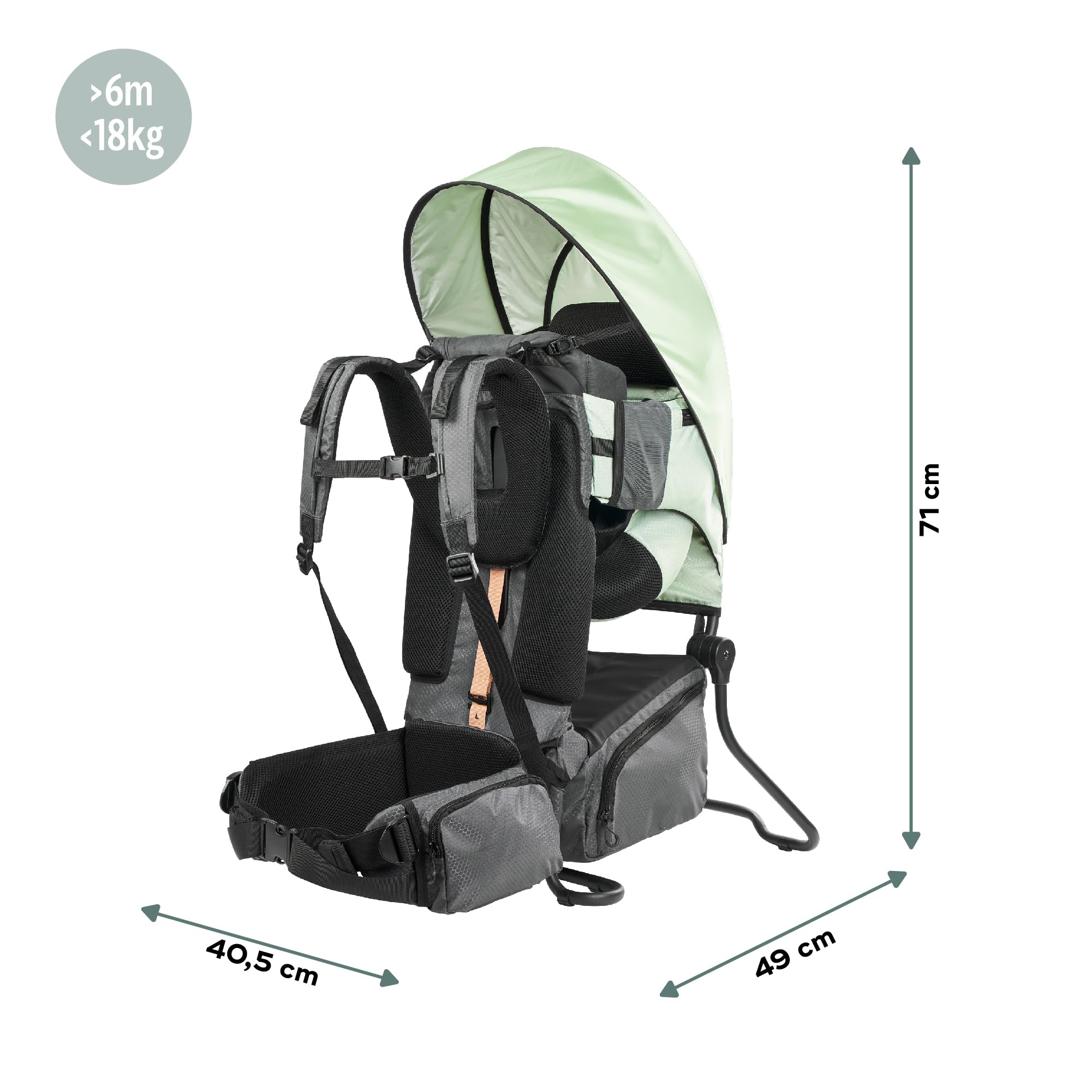 Babymoov Mochila portabebés para senderismo Moov & Hike: ergonómica con asiento ajustable y reposacabezas acolchado, con capota, bolsa de almacenaje 10l (Verde)