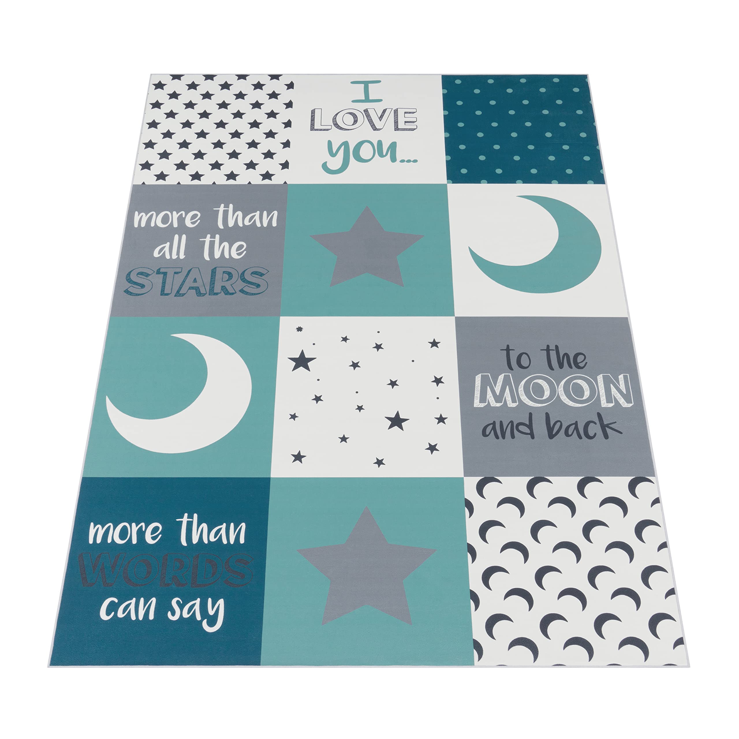 Paco Home Tappeto per i bambini, tappeto per la camera dei bambini con stelle, luna e motivi a quadri, Dimensione:140x200 cm, Colore:Turchese