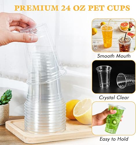 Miniatura 5 de Vplus Paquete de 140 vasos de plástico transparente PET de 24 onzas con tapas, vasos de plástico desechables en frío de 24 onzas con tapas planas,