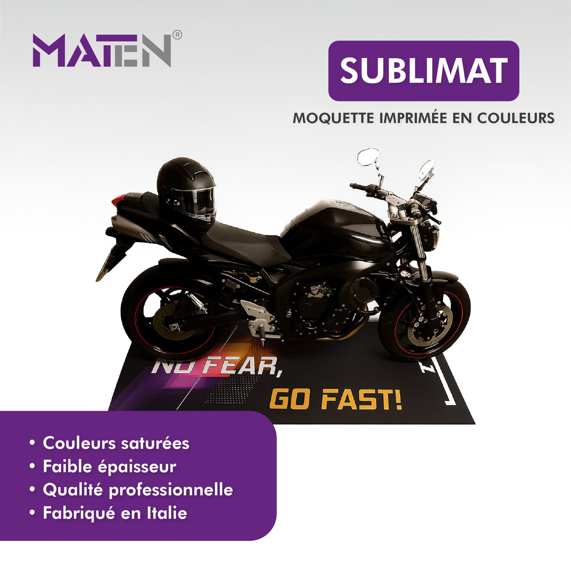 MATEN Tapis Moto pour Garage en Moquette Imprimée NO Fear, Fond antidérapant en Gel, 3 mm, idéal pour Atelier et Zone de Maintenance, Made in Italy.