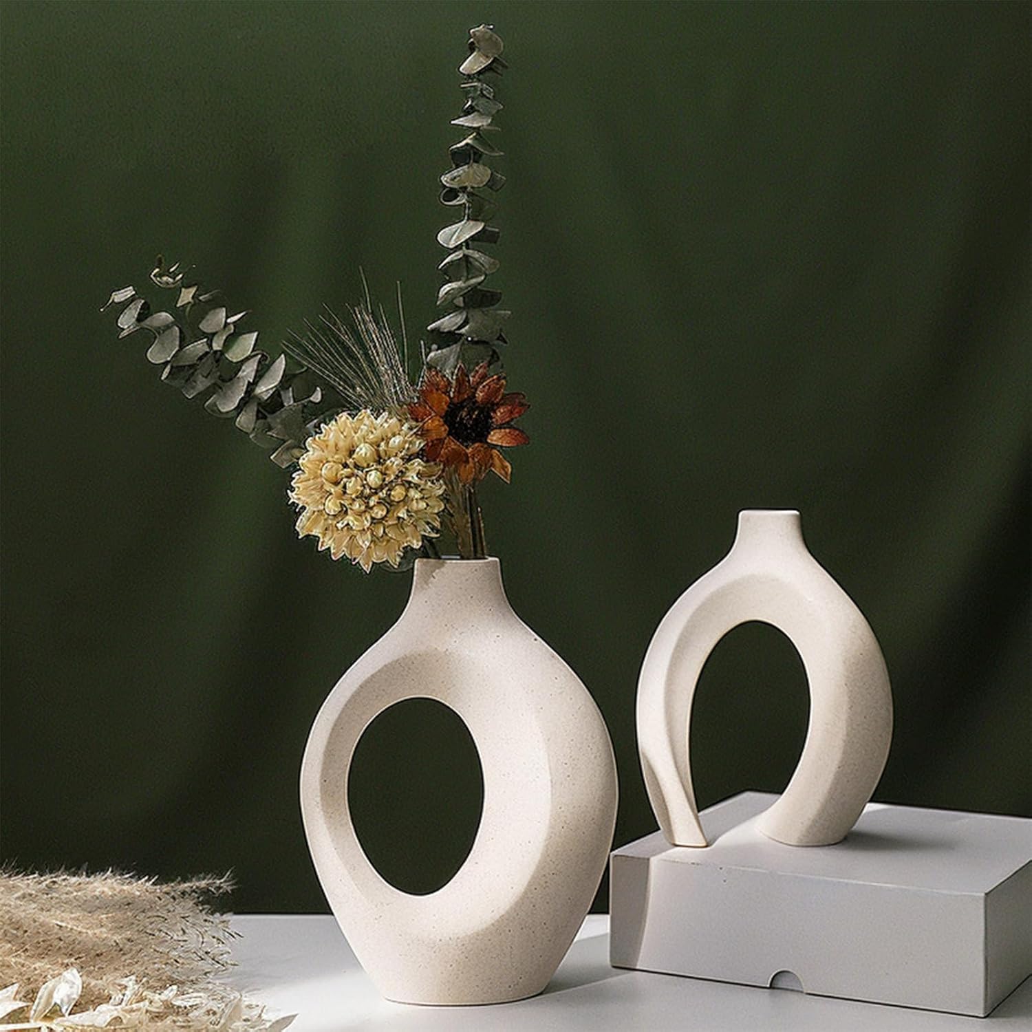 Matte Ceramic Vase Set of 2 Boho Modern Nordic White Flower Vases Minimalist ins for Home Decor Living Dining Room Bedroom Table Centerpieces Office Gifts