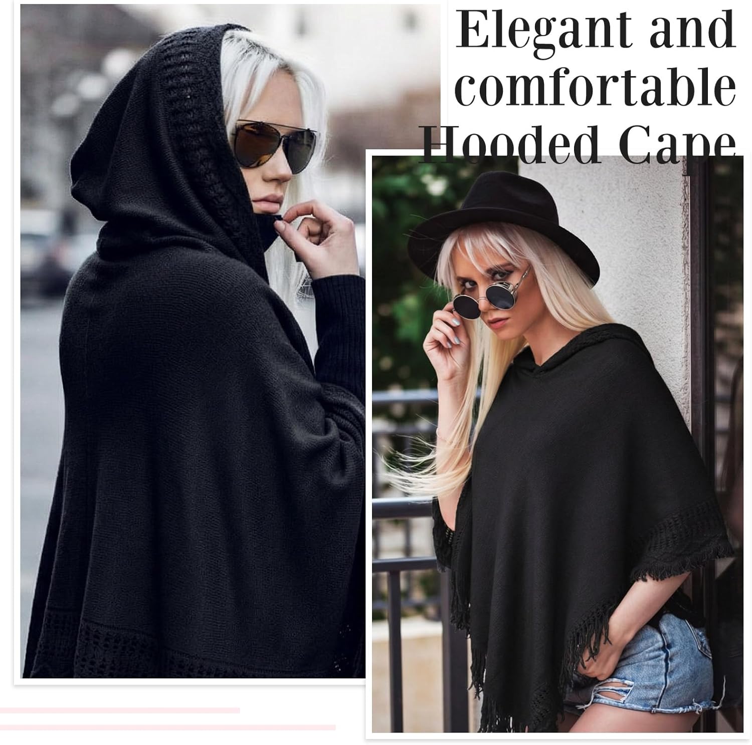 Liitrsh Shawl Poncho Sweaters for Women Knitted Hooded Cape with Fringed Hem Crochet Poncho Pullover Sweaters - Image 5