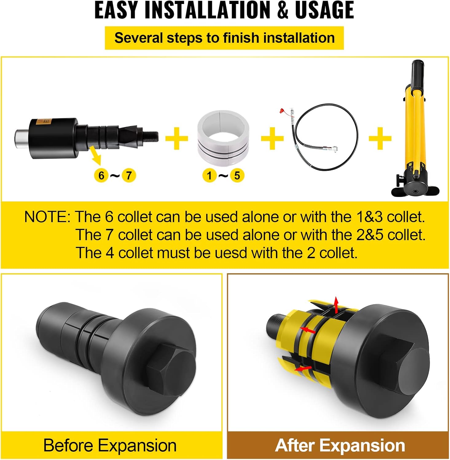 VEVOR Hydraulic Exhaust Pipe Expander, 1-5/8 to 4-1/4 Inch, 10 T Manual Hydraulic Pipe Stretcher, w/4 Dies and 2 Case, for Copper Aluminum Tubes in Car Repairing