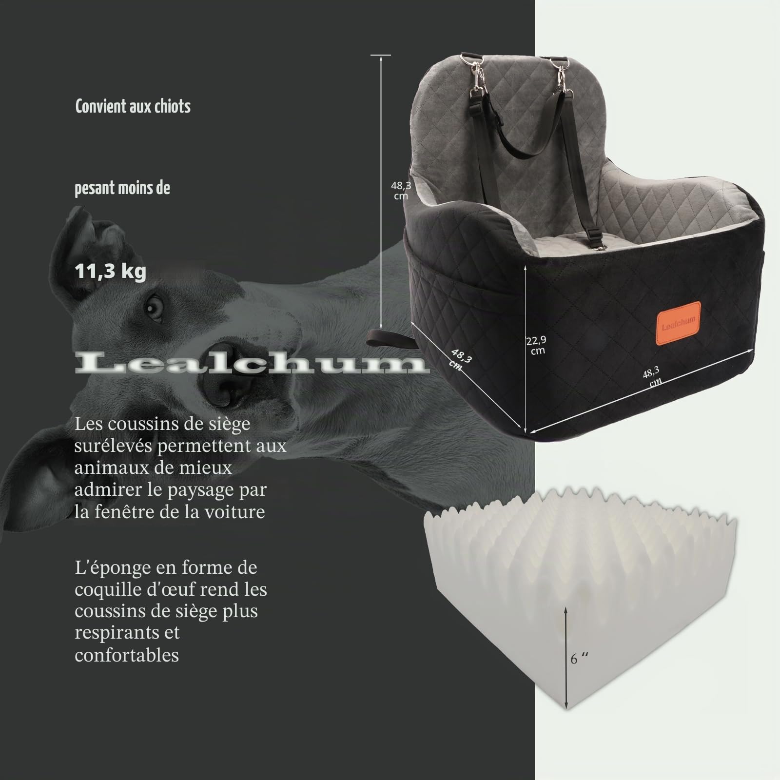 Lealchum Siège de voiture rehausseur pour chiens S/M, coussin surélevé doux de 15,2 cm, s'adapte aux sièges avant/arrière, amovible et lavable, 2 poches de rangement