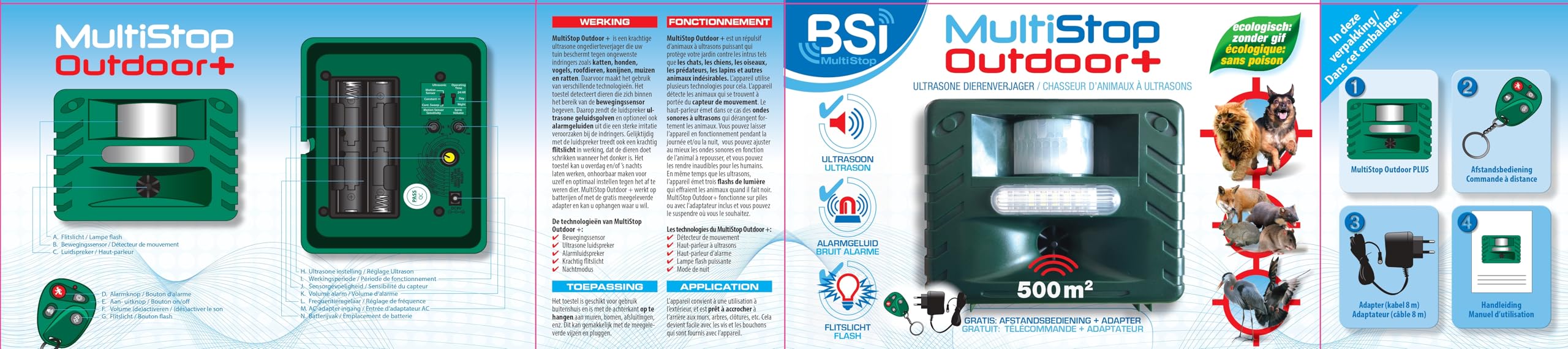 BSI - Multistop - Répulsif Ultrasons - Multifonctions - Contre Les Animaux Nuisibles - Couvre Une Surface Extérieure Jusqu'à 500m² - Adapté Aux Chiens Chats Gibier Et Volatiles