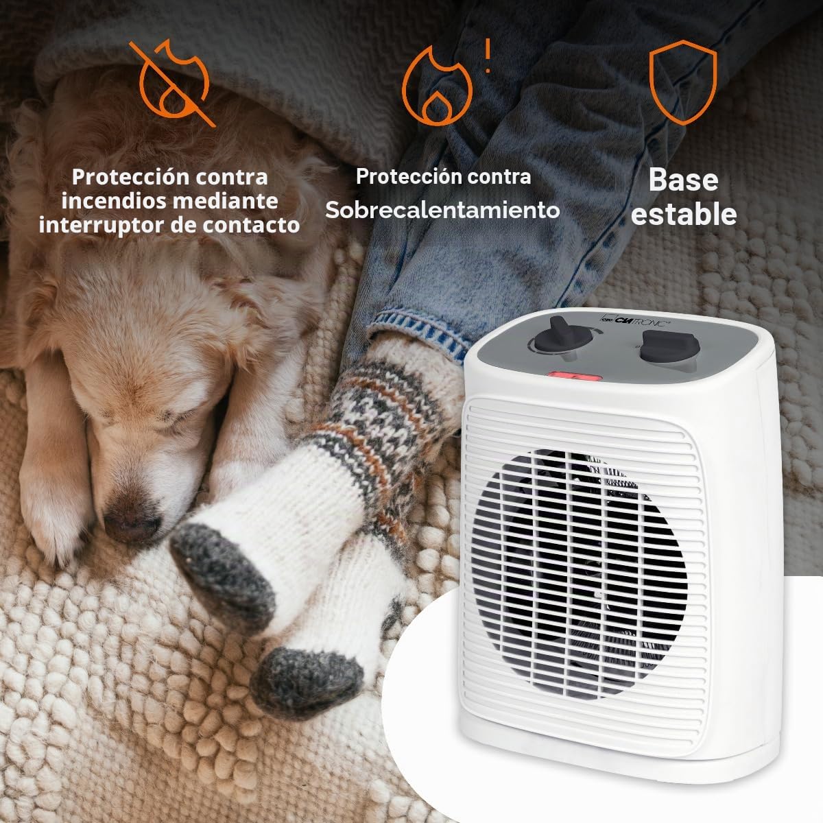 Clatronic® Ventilador calefactor incl. Función de ventilador, calefacción eléctrica con termostato ajustable continuo y 2 niveles de calentamiento, oscilante, calefactor para baño, cocina – HL 3800