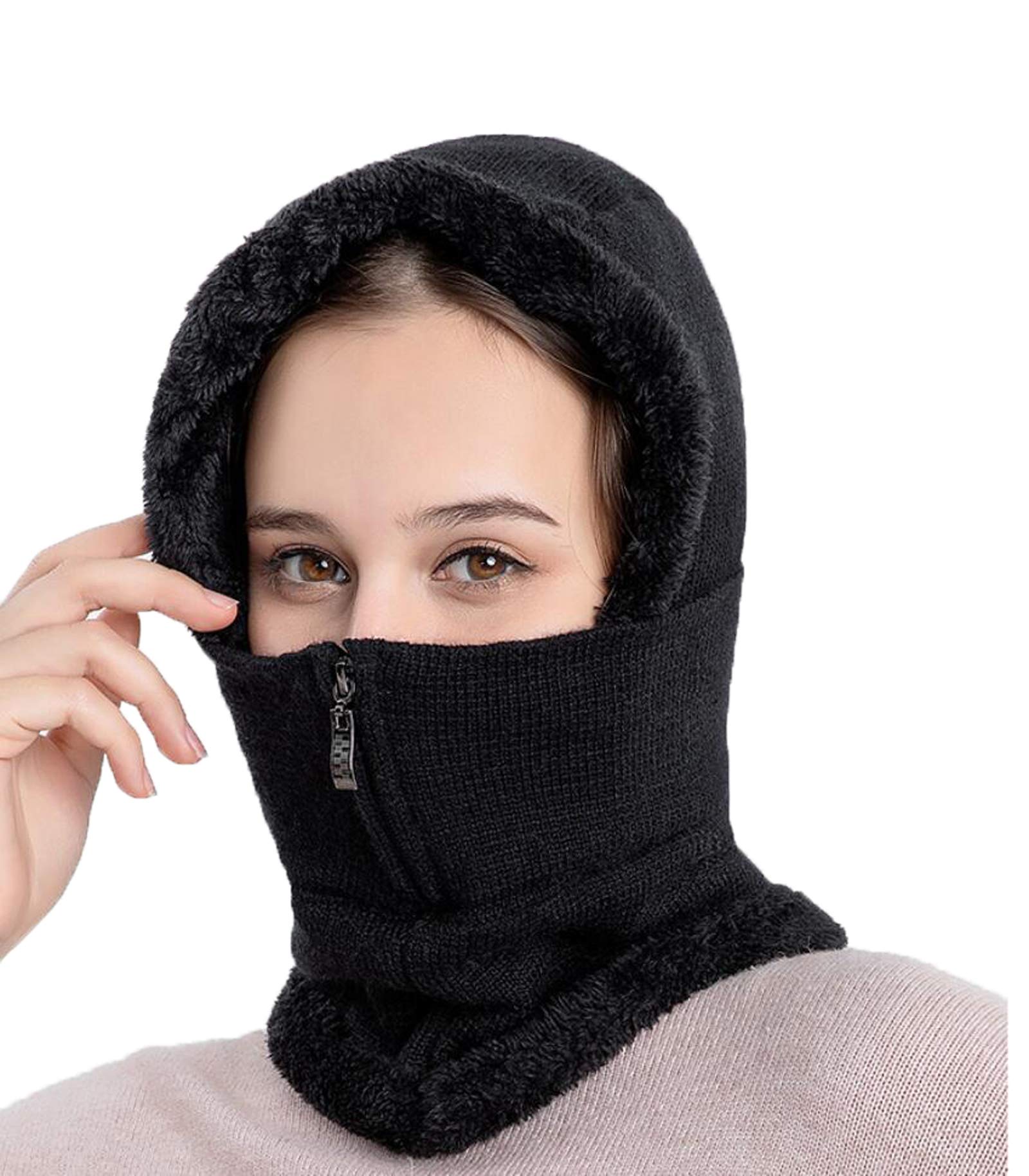 Pasamontañas con forro polar para mujer, resistente al viento, cálido, de punto, con capucha - negro - Talla única