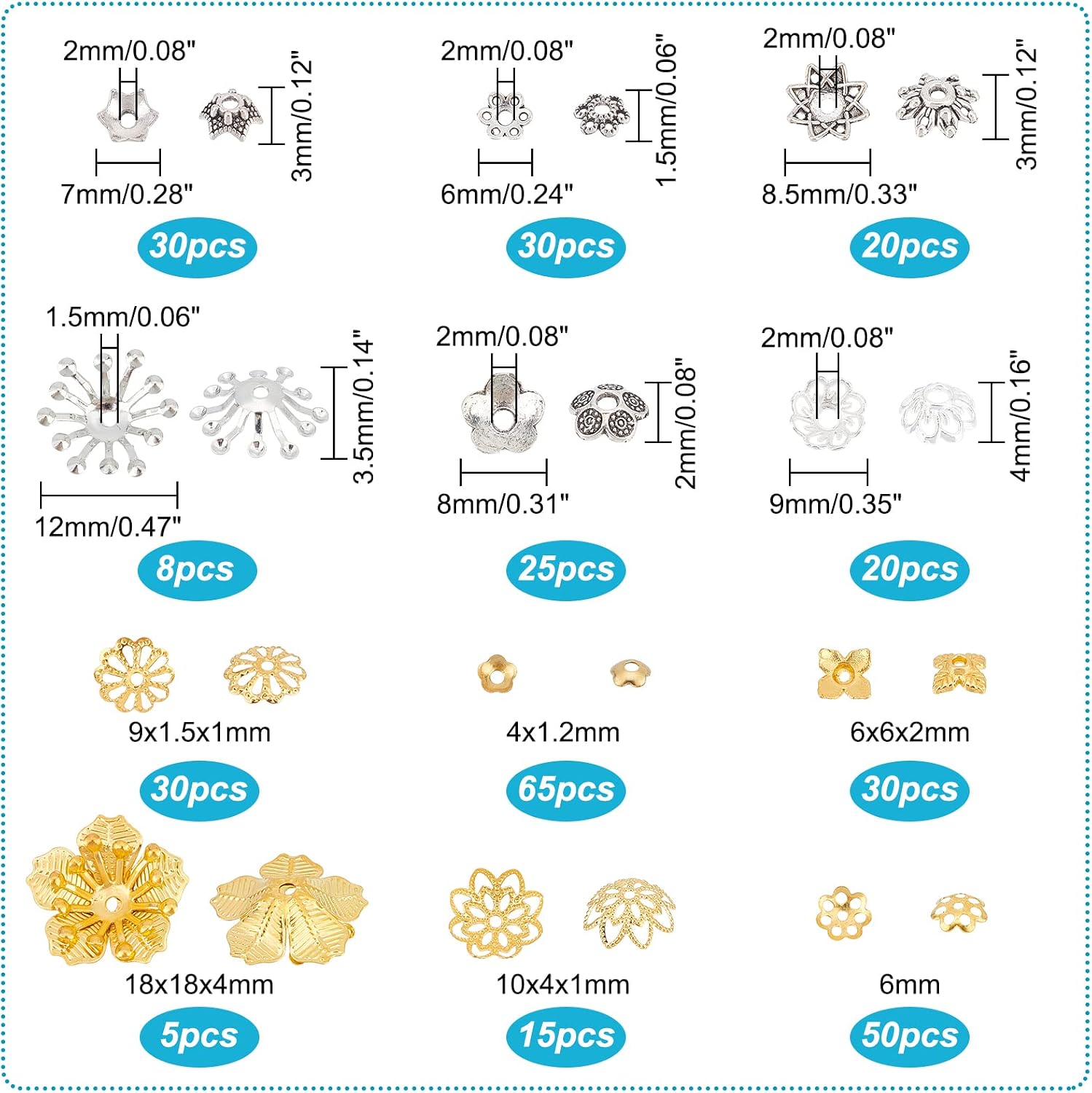 PH PandaHall 278Pcs Bead Caps, 12 Styles Flower Bead Cap Spacers Brass & Alloy Bead Cap Bails End Charm Caps Spacer Beads for Earring Bracelets Necklace Jewelry DIY Crafts Making, Golden & Silver