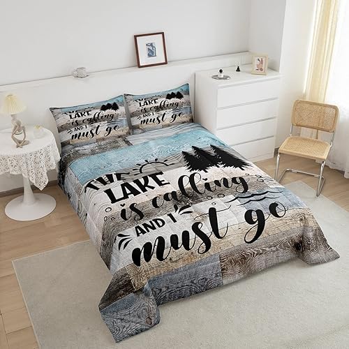 Miniatura 3 de Juego de edredón rústico de casa de lago, tamaño individual, para niñas, niños, decoración de habitación de cabaña, pino negro y citas divertidas,