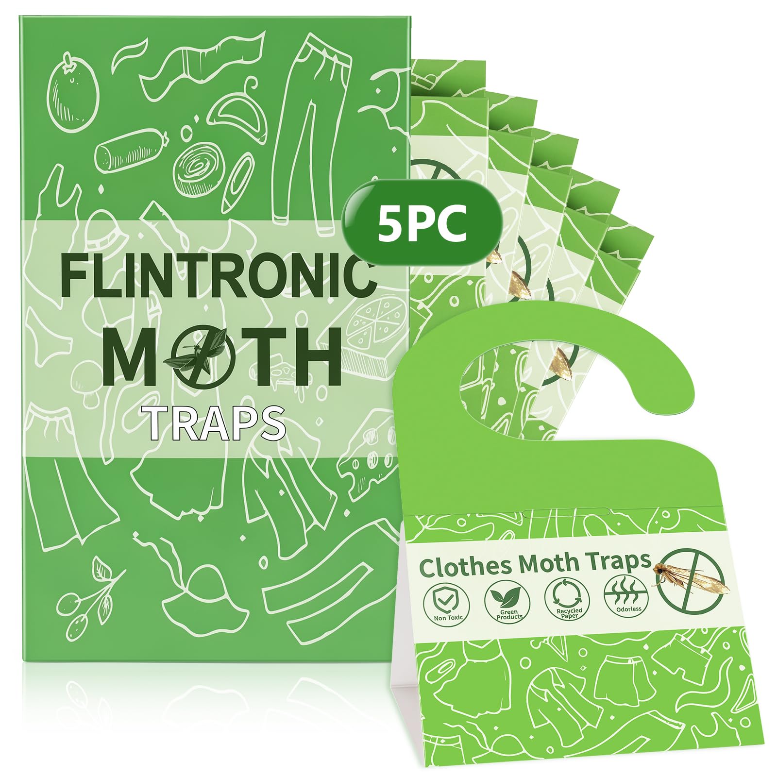flintronic Clothes Moth Traps, 5 Pack Carpet Moth Monitoring Traps, Non-Toxic and Odourless Sticky Pheromone Trap, No Insecticides, Cloth Moths Catchers for Wardrobes, Clothing, Homes