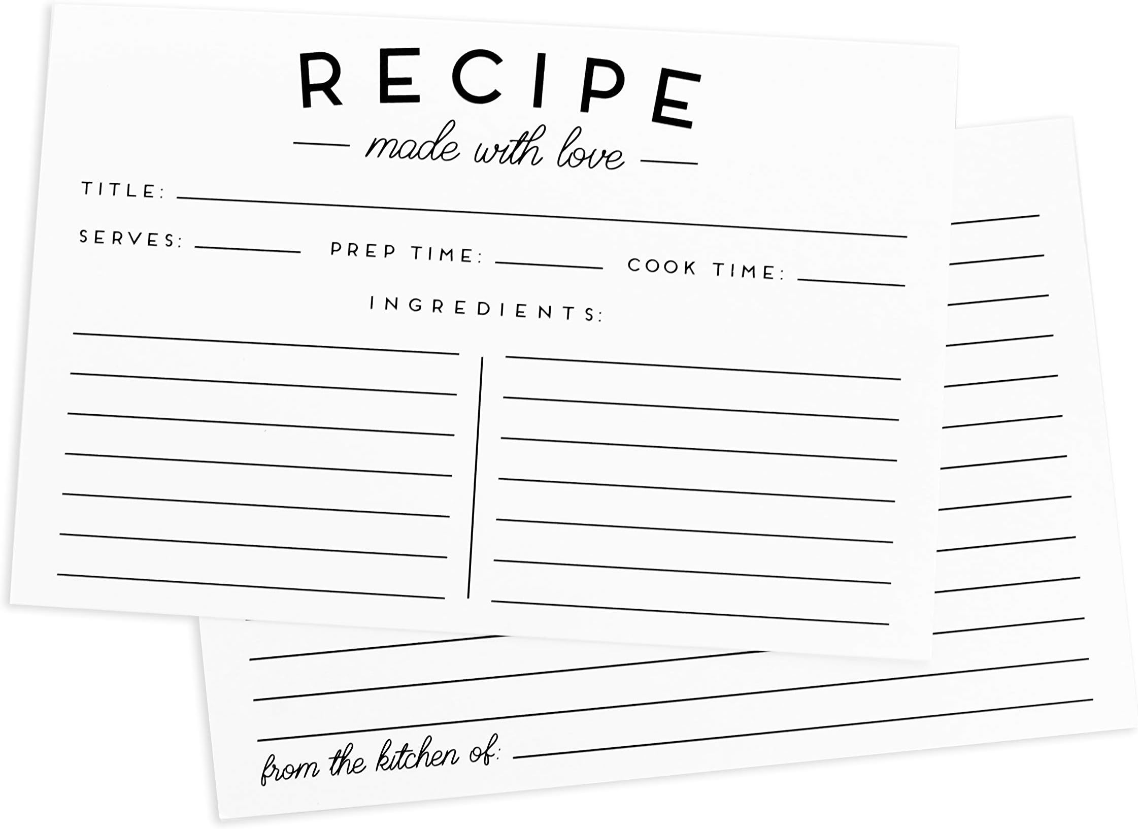 Set of 50 Premium Recipe Cards - 4x6 Double Sided - Black and White Modern Style
