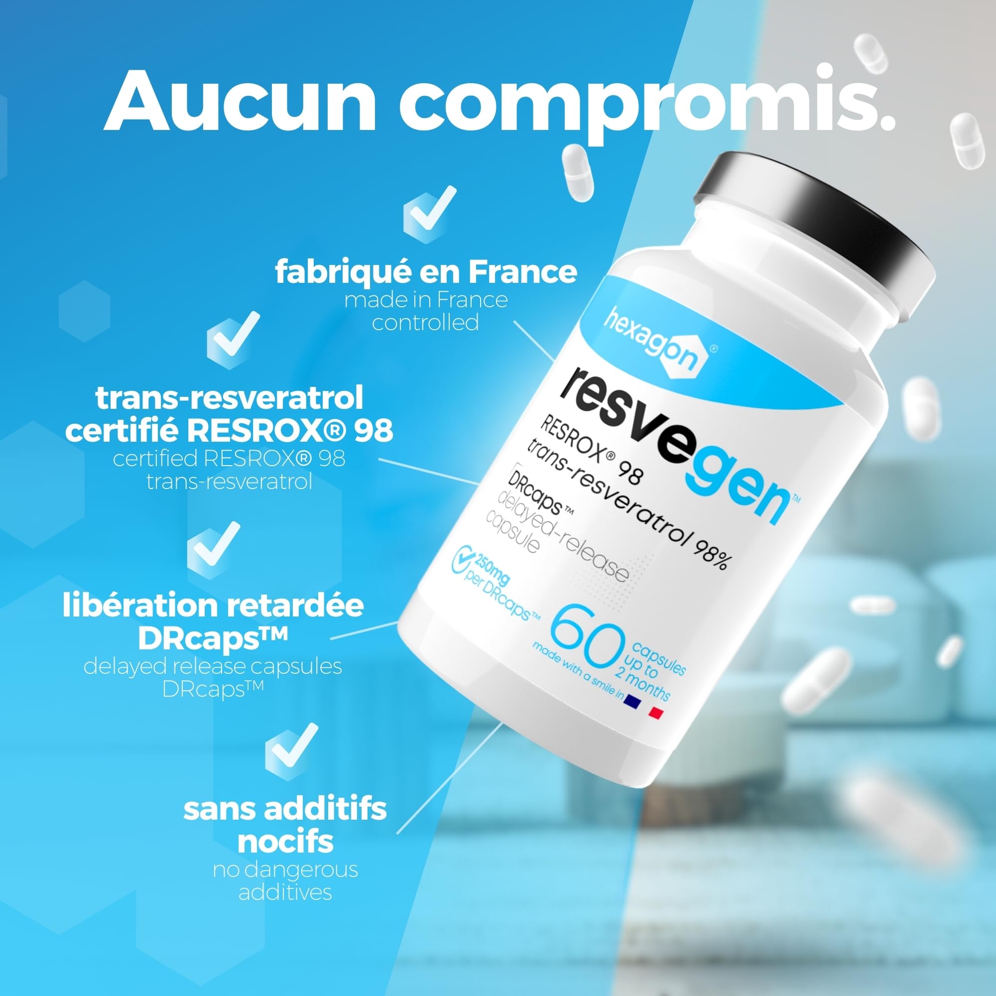 Resveratrol - Trans-Resveratrol 98% labellisé RESROX® - 60 Gélules DRcaps™ Libération Retardée 250mg - Resvegen™ Haute Disponibilité - Antioxydant & Anti-Aging - Fabriqué en France - Vegan - Hexagon
