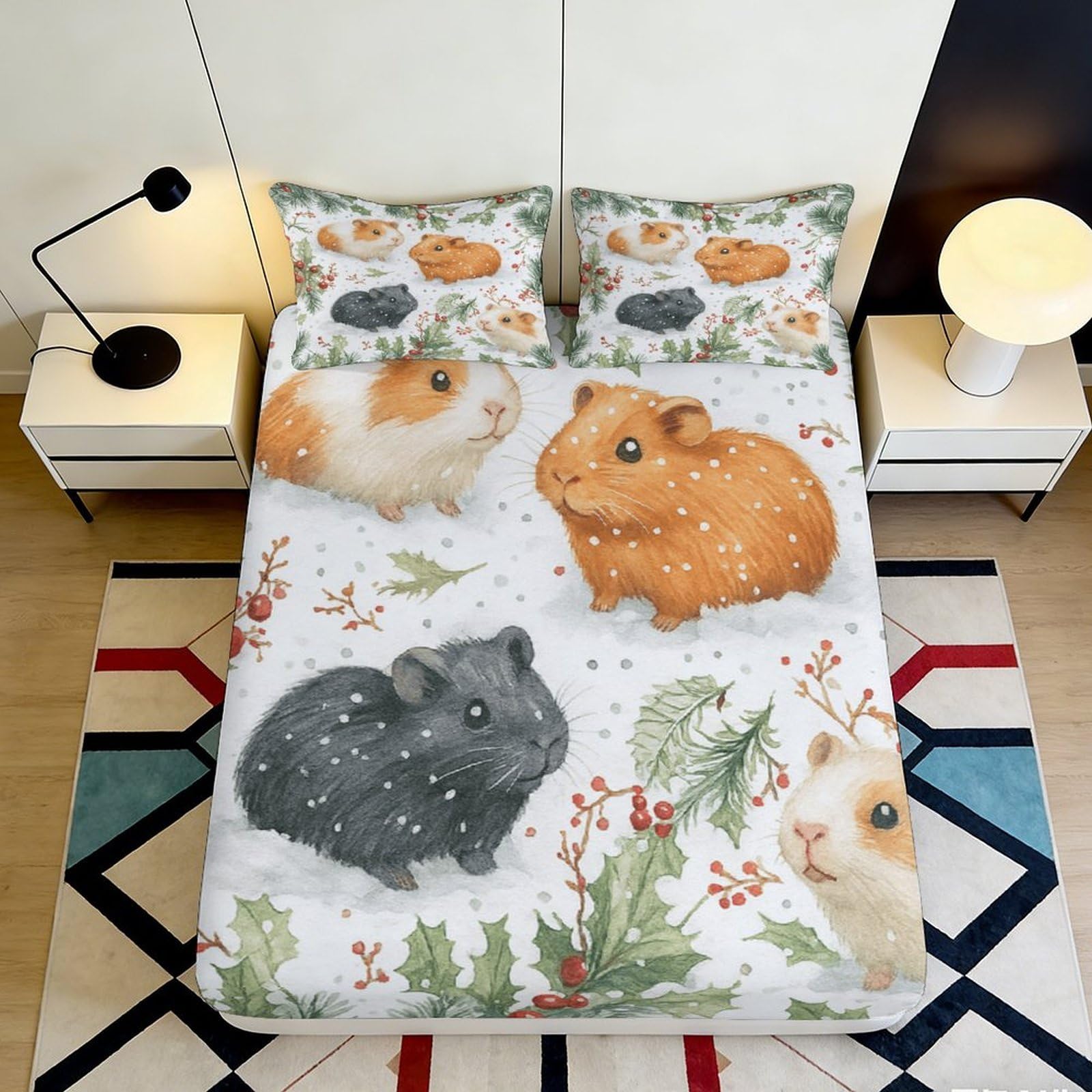 3D Printed Guinea Pig Pattern Fitted Sheet Microfiber Soft Breathable Winter Hedgehog Mattress Cover for Bedroom Dormitory Guest Room Mattress Protection 120x200x25cm