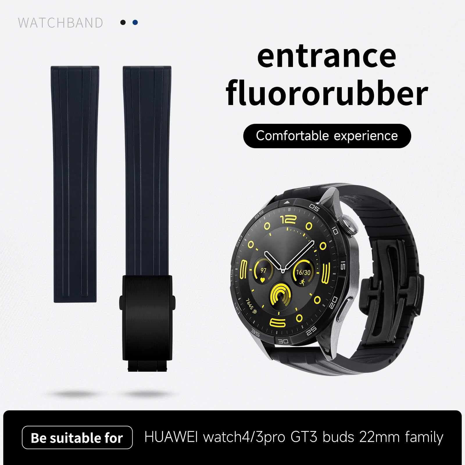 Correas de reloj de goma fluorada de 22mm para Huawei watch4/3pro/GT2/GT3/GT2e, correas de reloj FKM, reemplazo de pulsera de reloj de serie