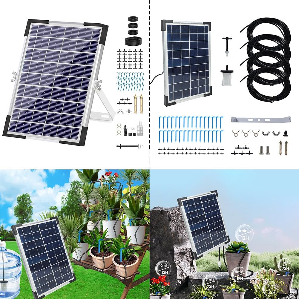 Lecreatekit Sistema di irrigazione solare con pannello da 5 W, kit di irrigazione automatica con 30 emettitori di gocciolamento e tubo da 35 m per piante in vaso da giardino