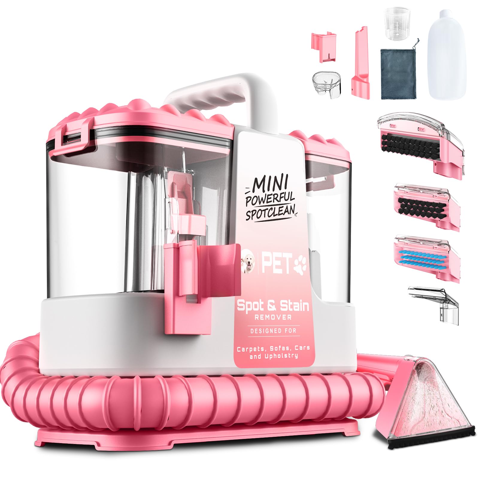 Nettoyeur canapé tissu, 16Kpa Shampouineuse Canapé 600W, Aspirateur Nettoyeur avec 500ml de Solution & 5 Accessoires, pour Tapis, Escaliers, Voiture, Design Léger(Rose)