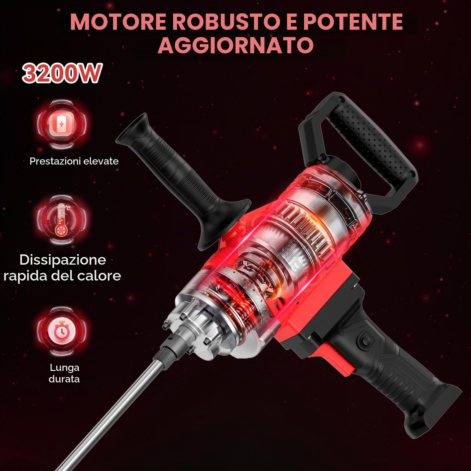 IMAYCC Set di agitatore per calcestruzzo portatile 2 in 1, 3200 W, 20 A, per foratura e miscelazione, velocità variabile, frullatore di fango di cemento, ideale per mangimi, intonaco, vernice, cemento