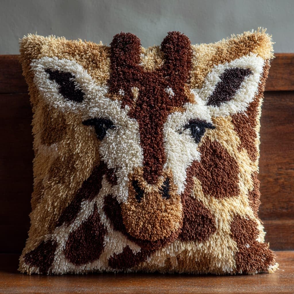 Taxpy DIY Latch Hook Pillow Kit Pre-Printed Hook and Latch Rug Kits Giraffe Animal 17X17 Inch.Cross-Stitch Embroidery Cushion Cover for Home Sofa Decoration