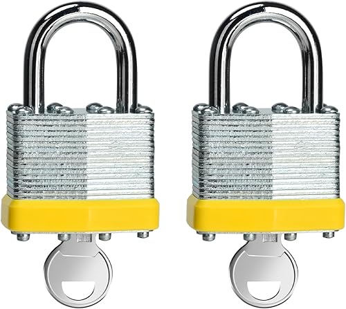 LQYN Candado laminado con llave (1-916 pulgadas, 1.575 in), cerraduras iguales con llave, aro amarillo, grillete normal, paquete de 2, cerradura